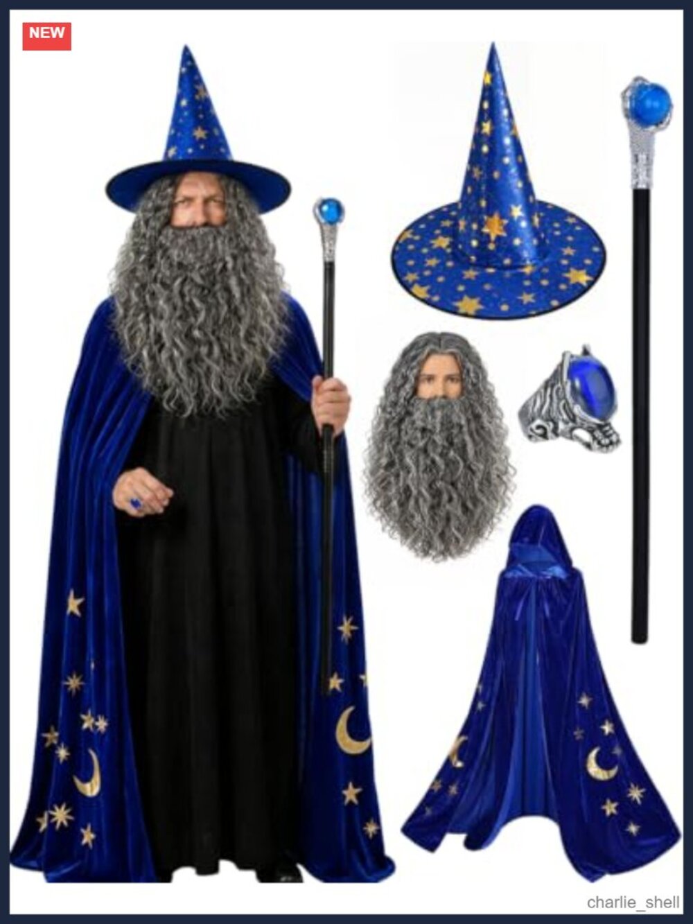 Men's Wizard Costume Set One Size Cape Hat Wig Beard Wand Halloween Cosplay